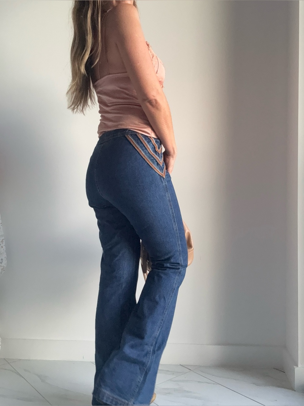 Free People High-Rise Dark Blue Flared Jeans with Side Chevron Detail
